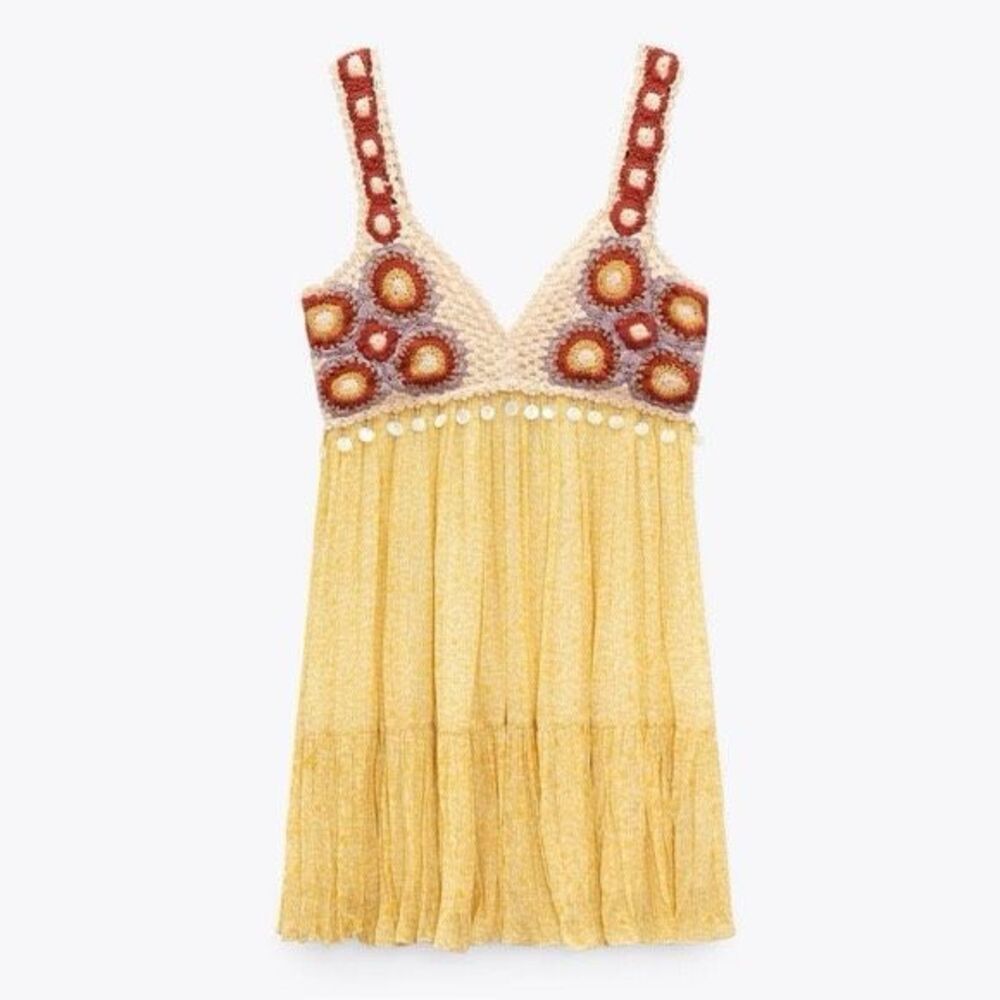 Zara Limited Edition Yellow Crochet Mini Dress Size XL